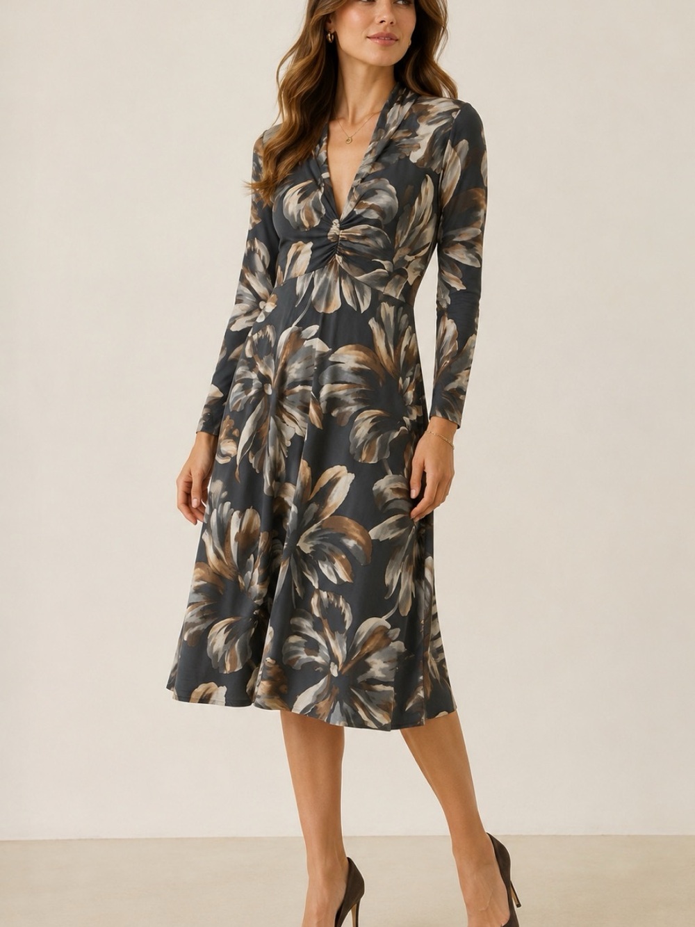 Tommy Bahama Charcoal Floral Twist-Front Midi Dress